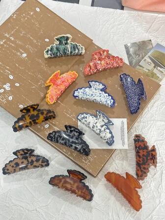 1 件女士优雅波浪爪发夹，醋酸纤维发夹适合节日和情人节礼物秋季发饰秋季爪夹豹纹发夹时尚发夹冬季度假装女士