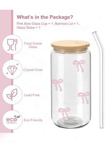 2个带盖和吸管的玻璃杯，带盖和吸管的冰咖啡杯，透明可爱冰沙果汁杯，波霸珍珠奶茶杯，冷热饮水杯，粉色蝴蝶结旅行杯 - 彩色 - 查看 5