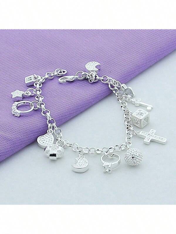 925 Sterling Silver Moon Heart Lock Cross Bracelet For Men Woman Charm Wedding Party Fashion Jewelry