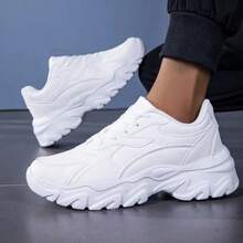 Men's Casual Sports Shoes, Thick Sole, Shock-Absorbing, Wear-Resistant, Soft Bottom, Running Shoes, Fashionable Design, Low-Top, Breathable, Lightweight, Comfortable, Versatile Chunky Sneakers, Suitable For Outdoor Fitness, Running, Sports, Walking - White - View 3