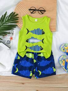 2pcs/Set Baby Boy Cute Shark Graphic Vest With Allover Print Shorts, Summer Daily Breathable Sportswear Set - màu xanh lá - Xem 1