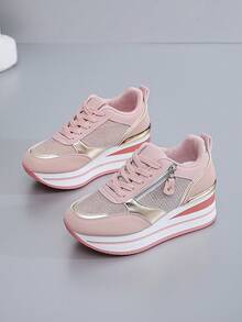 女士厚底户外运动鞋，网眼透气越野跑鞋，四季休闲鞋，适合春秋冬季女学生，卡其色、银灰色、黑色可选