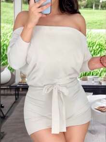 Short Off-The-Shoulder Jumpsuit With Belt Detail - White - View 3