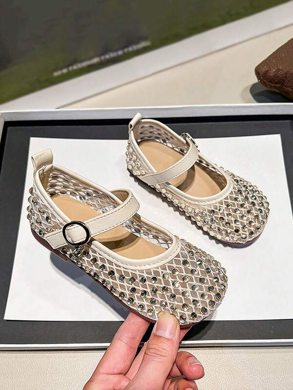 1 Par de Sapatos Femininos Planos de Tule com Decoração de Strass, Sola Macia, Adequado para Uso Externo