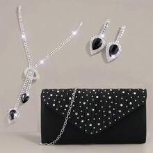 1 Set Women's Formal Evening Clutch Bag With Matching Necklace And Earrings, Suitable For Wedding, Party, Cocktail, Prom - Black - View 1
