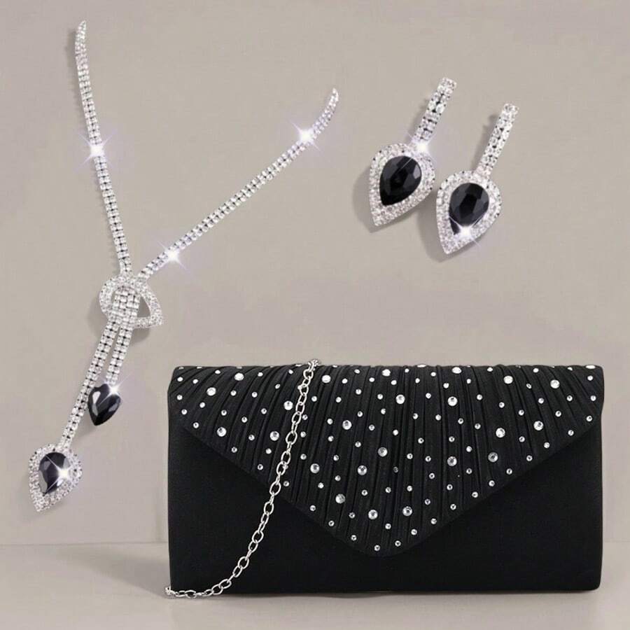 1 Set Women's Formal Evening Clutch Bag With Matching Necklace And Earrings, Suitable For Wedding, Party, Cocktail, Prom - Black - View 1