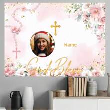 1pc Personalized Customized Name, Blessings, Photo, Rose, Cross Design Baptism, First , Christening Backdrop, Pink Floral Glitter Shower Party Decorative Banner, Multi-Sizes Available