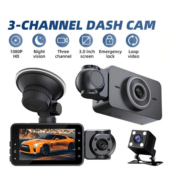 3-Kanal Dashcam mit Frontkamera, Innenkamera und Rückfahrkamera, 1080P HD Video, 170° Weitwinkel Nachtsicht, Schleifenaufnahme, Notfallsperrung, Parkmodus - Sicherheitsauto-Zubehör, Dashcam für Fahrzeuge