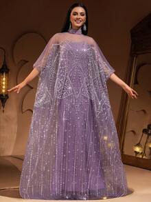 New Luxury High-End Sequin, Sequins & Lace Patchwork Elastic Underlayer Women's Elegant 2 Pieces Turkish Robe Dress (Size Runs Large, Customers Advised To Check Size Chart When Ordering) - Màu tím - Xem 5