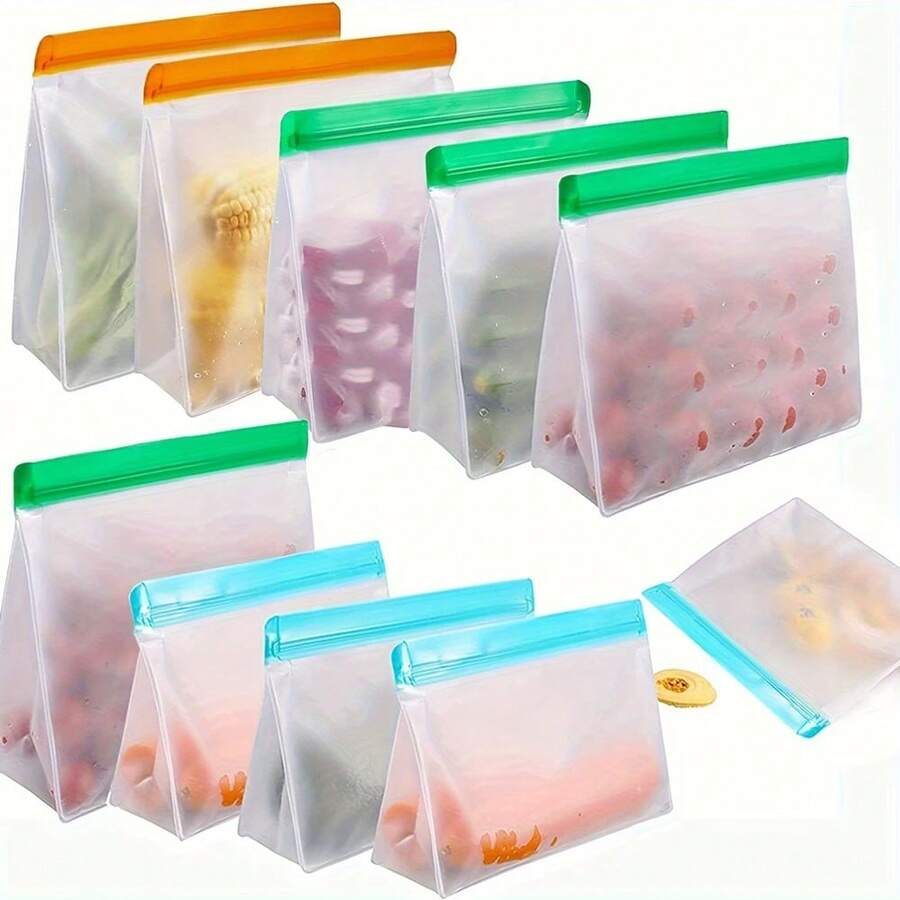 10个可重复使用硅胶食品储存袋,防漏可重复使用冷冻袋,旅行/家用厨房储物袋,礼品,真空密封袋 - 可重复使用加仑袋,可重复使用三明治袋,可重复使用零食袋 - 彩色 - 查看 1