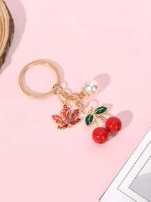 1 Pc Unisex Oil Drop Resin Red Cherry, Faux Pearl, Maple Leaf Alloy Keychain, Elegant Fashion Cute Ins Style, Ladies Fashion Keychain, Beautiful Girl Keychain, Cute Keychain, Funny Keychain, Men's Keychain, Men's Accessories, Women's Accessories School Pearl