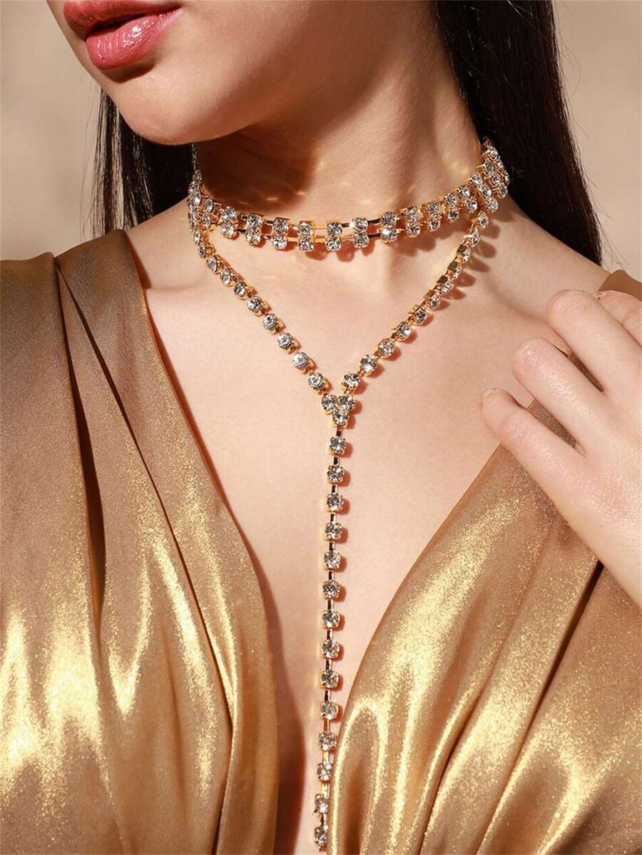 Gold-Plated Rhinestone Long Necklace, Simple & Practical Multifunctional Design