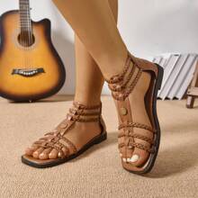Women's Summer New Roman Sandals, Bohemian Vintage Hollow-Out Flat Low Heel Comfortable Travel Beach Shoes