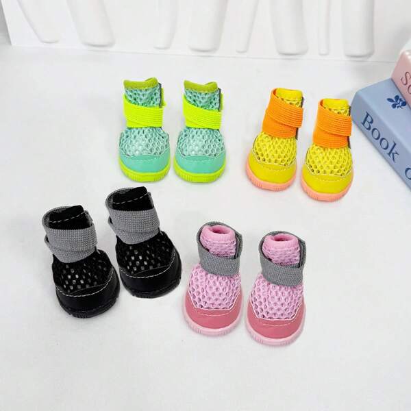 Set de 4 zapatos para mascotas (perros/cachorros) de colores bloqueados, transpirables y antideslizantes para uso en exteriores en primavera/verano