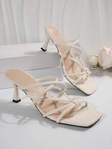White Square Toe Thin Heel Sandals For Women, French Style Synthetic Leather High Heels, Fashionable For Date, Party, Casual Wear, Commuting, Summer And Autumn - Beige - View 7