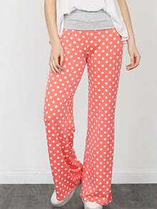Boho Retro 90's Style Stripe Floral Drawstring Fold Over Band Wide Leg Lounge Pants - Coral Dot - View 4