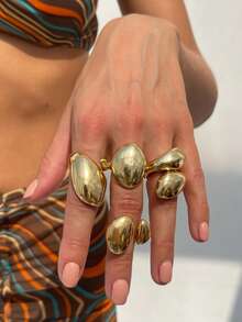 4 件复古朋克几何不对称泪滴开口戒指套装，极简主义金属金色首饰套装，适合女性日常佩戴、派对装饰、节日礼物、日常服装配饰 - 水滴戒指套裝 - 查看 2