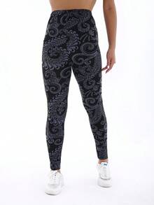 Women's Casual Sports Leggings With Vine Floral Print, Highly Elastic Tight Pants For Outdoor Recreation, Travel, Walking, Fitness Training, Yoga, Hiking, Biking And Other Activities, Summer