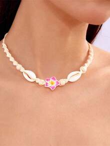 2pcs Bohemian Beach Vacation Style Soft Clay Flower Shell Braided Adjustable Women Necklace & Anklet Set - Pink - View 2
