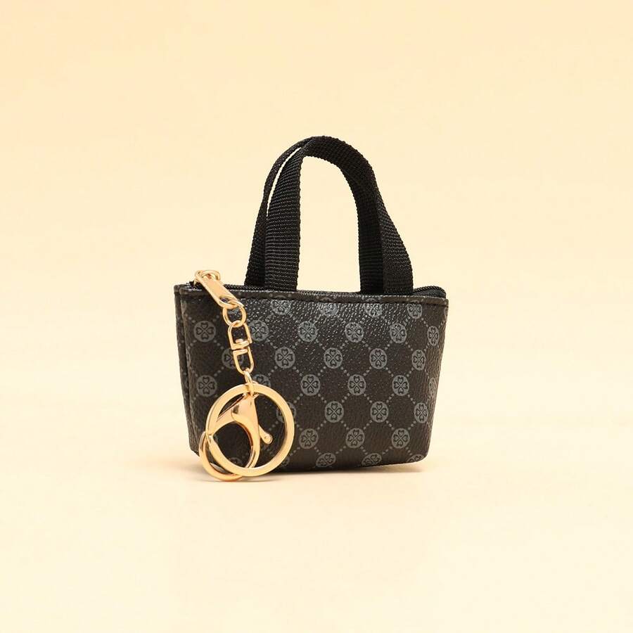 1pc Super Mini Tote Purse Fashion Geometric Splicing Keychain Bag Pendant - Black - View 1