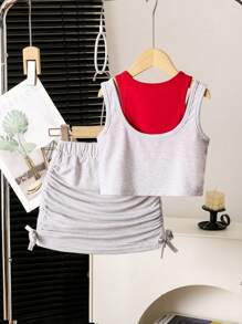 2pcs/Set Girls Casual Faux Two Pieces Colorblock Letter Print Sleeveless Top And Mini Skirt Set