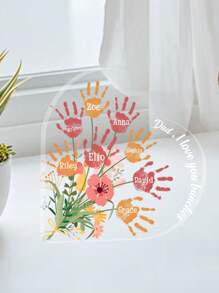 Personalized Acrylic Heart Shaped Desk Sign Customizable With Handprints And Names Perfect For Father's Day Decorations Featuring Colorful Floral Elements And Family Handprints Ideal Gift For Dad Papa Grandpa Unique Desktop Keepsake For Office Or Home Touching Family Souvenir For Holidays Birthdays And Special Occasions
