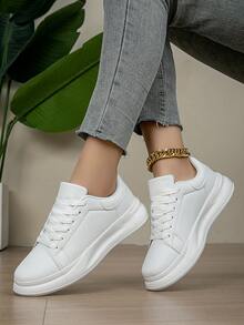 Women's New Minimalist Style Pure White Front Tie Low-Top Flat Walking Shoes, Round Toe, Street-Style, Suitable For Spring/Summer/Autumn, PU Splicing - White - View 1
