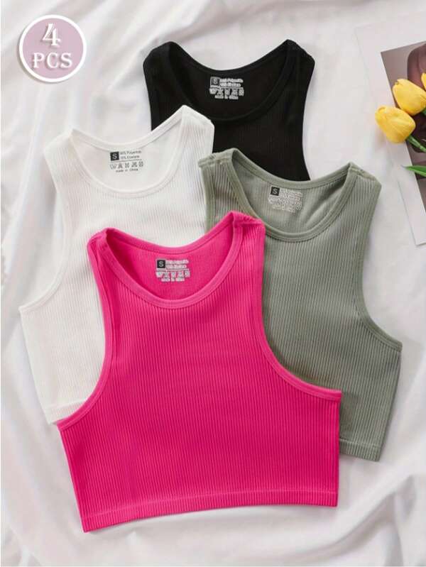 4pcs Women's Short Sleeveless Sports Tanks - Breathable Seamless Knit Activewear, Non-Padded, Relaxed Fit, Sexy
