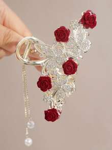 1pc Women's Fashion Red Rose & Butterfly Oversized Hair Clip, Hair Claw For Bun Hairstyle - Multicolor - View 3