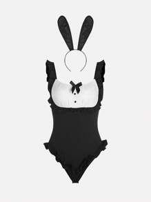 1 Set Sexy Frauen Dessous Hasen-Dienstmädchen Kostüm, Body mit Zubehör (Haarschmuck inklusive)