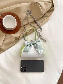 Cute & Fashionable Kids Hand Carry Bag, Shoulder Strap Crossbody Bag, Solid Color Faux Leather Zipper Bag With Large Plaid Bow Decoration, Mini Small Purse - Green - View 3