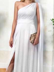 Vestido Elegante Asimetrico con Abertura Lateral y Holgado de la Parte Inferior Hombro Descubierto con Capa - Blanco - Ver 2