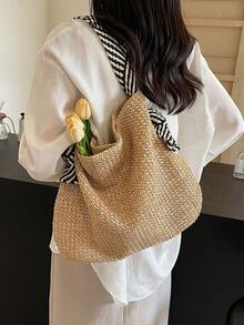 1 Pc New Fashion Leisure Summer Holiday Vacation Style Large Capacity Solid Color Straw Foldable With Black And White Featured Shoulder Strap Magnetic Women's Beach Shoulder Bag For Vacation Holiday&Shopping With Friends&Fashion Clothing Matching - Brown - View 6