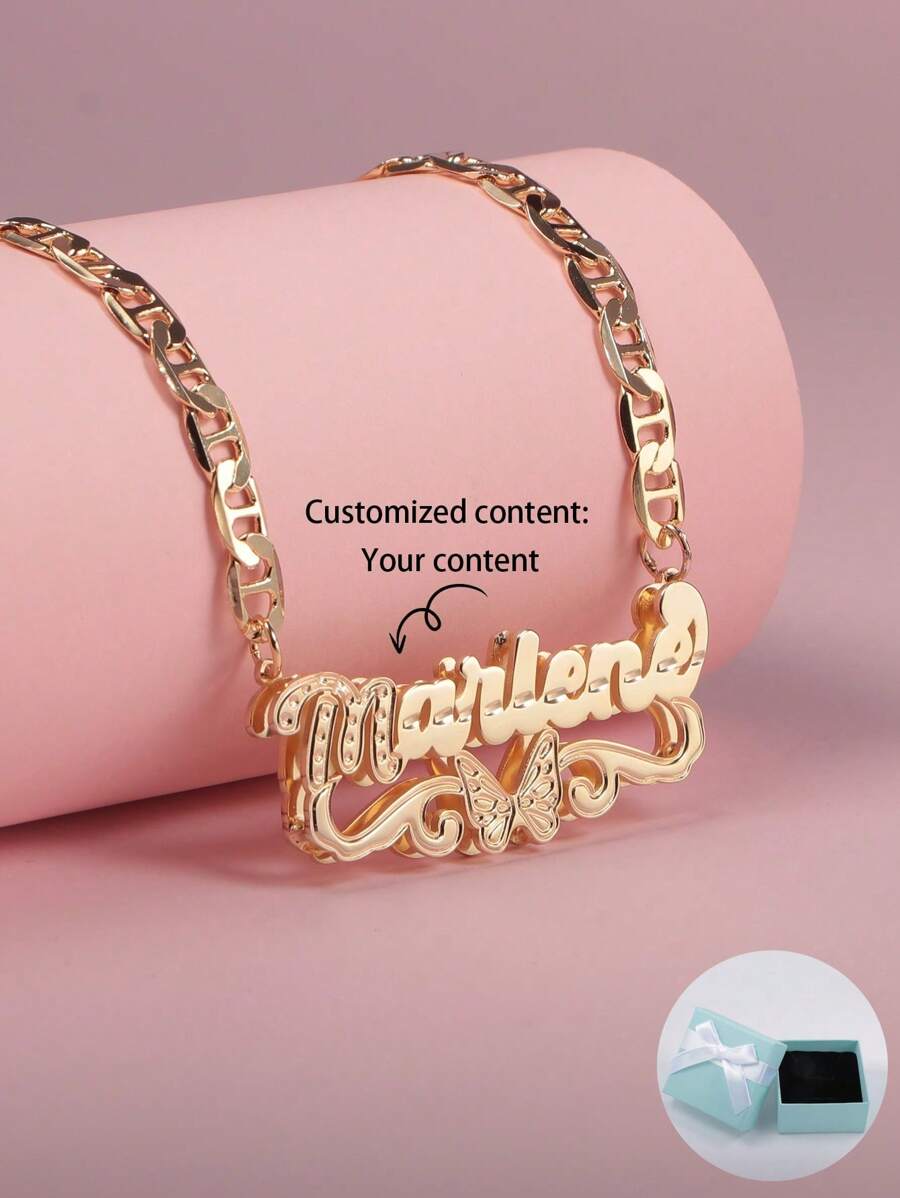 1pc Customized European & American Hiphop Style Double-Layer Nameplate Necklace With Butterfly Flower Edging And First Initial Cutout Pendant On Auspicious Character Chain, Suitable For Various Occasions, Gift Packaging: Red Christmas Gift Box