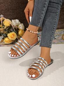 Women's Flat Sandals, Striped Shiny Slides, Fashion Comfortable Sandals, Open Toe Chunky Straps Versatile, Slip On - Silver - View 7