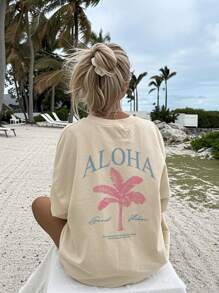 Ladies' Spring And Summer New Palm Tree Slogan Print Daily Casual Round Neck Short Sleeved T-Shirt Fashionable Vacation Style, Your Daily Necessity. Graphic Tees Women White Top Black Top Pink Top Vacation Outfits Women