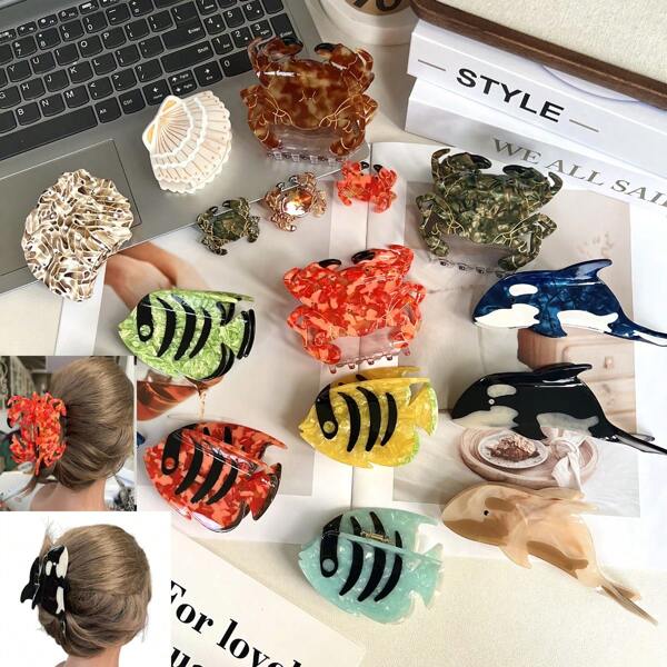New Ocean Themed Hair Clips: Crab, Seashell, Whale, Acrylic Beach Hair Clips; Korean Style Hair Claw Claw Clips, Large Size Back Of Head, Penguin, Sea Turtle Acrylic Hair Clips Summer Hair Jaw Clip Hair Clamps Hair Clutch Hair Catcher Clip
