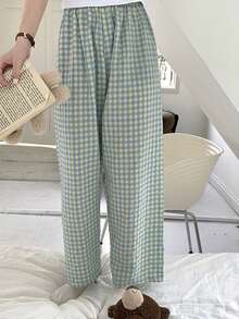 3pcs Women's Crinkled Linen Plaid Pants - Cottagecore Dopamine Color Sleepwear Set, Sweet & Breathable Lounge Pants For Spring/Summer, Cozy Home To Park Outfits - 彩色 - 查看 11