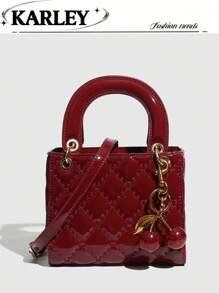 1 pieza Bolso de mano de piel de PU, bolso de color rojo vino, bolso de tote acolchado de piel de patente versátil, bolso pequeño estructurado, bolso de hombro y bandolera de moda, cartera con patrón geométrico