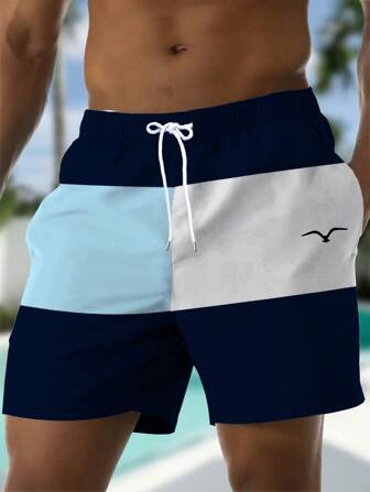 Shorts de playa para hombres con cintura con cordón, bolsillo lateral, de secado rápido y doble capa de malla, con estampado de gaviota en bloque de color 3D, casual de moda para playa y resorts, modelo hawaiano