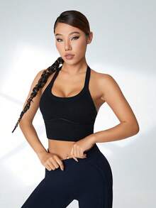 1pc Classic Solid Color Sexy Backless Wireless Yoga Sports Bra - Black - View 3