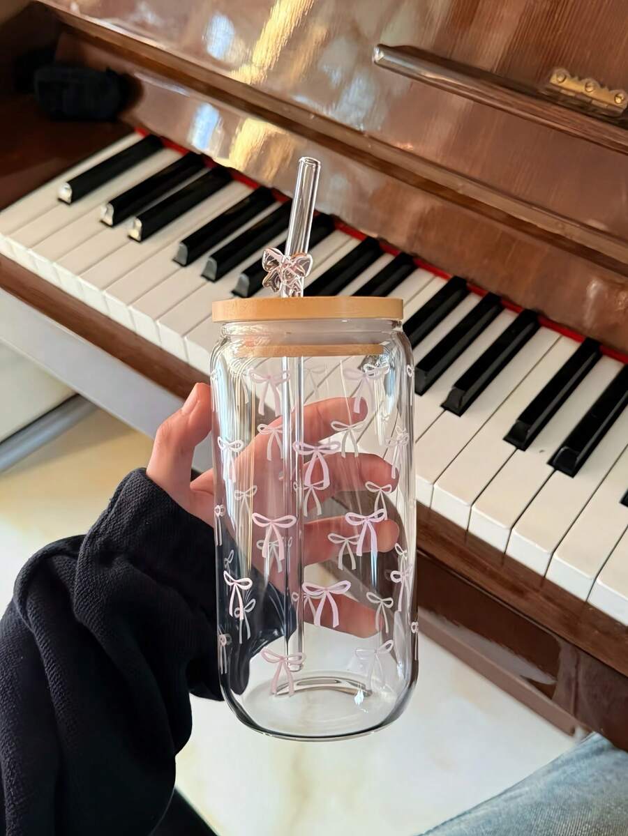 2个带盖和吸管的玻璃杯，带盖和吸管的冰咖啡杯，透明可爱冰沙果汁杯，波霸珍珠奶茶杯，冷热饮水杯，粉色蝴蝶结旅行杯 - 彩色 - 查看 1