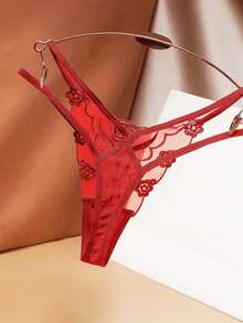 Sexy Mesh Embroidery Floral Pattern See-Through Design Thong Panties, Comfortable Lingerie - Red - View 3