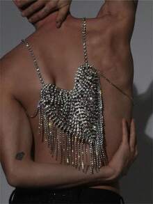 Women's Fashionable Bling Crystal Heart Necklace Chain, Sexy Shiny Crystal Tassel Body Jewelry For Nightclub - Silver - View 1