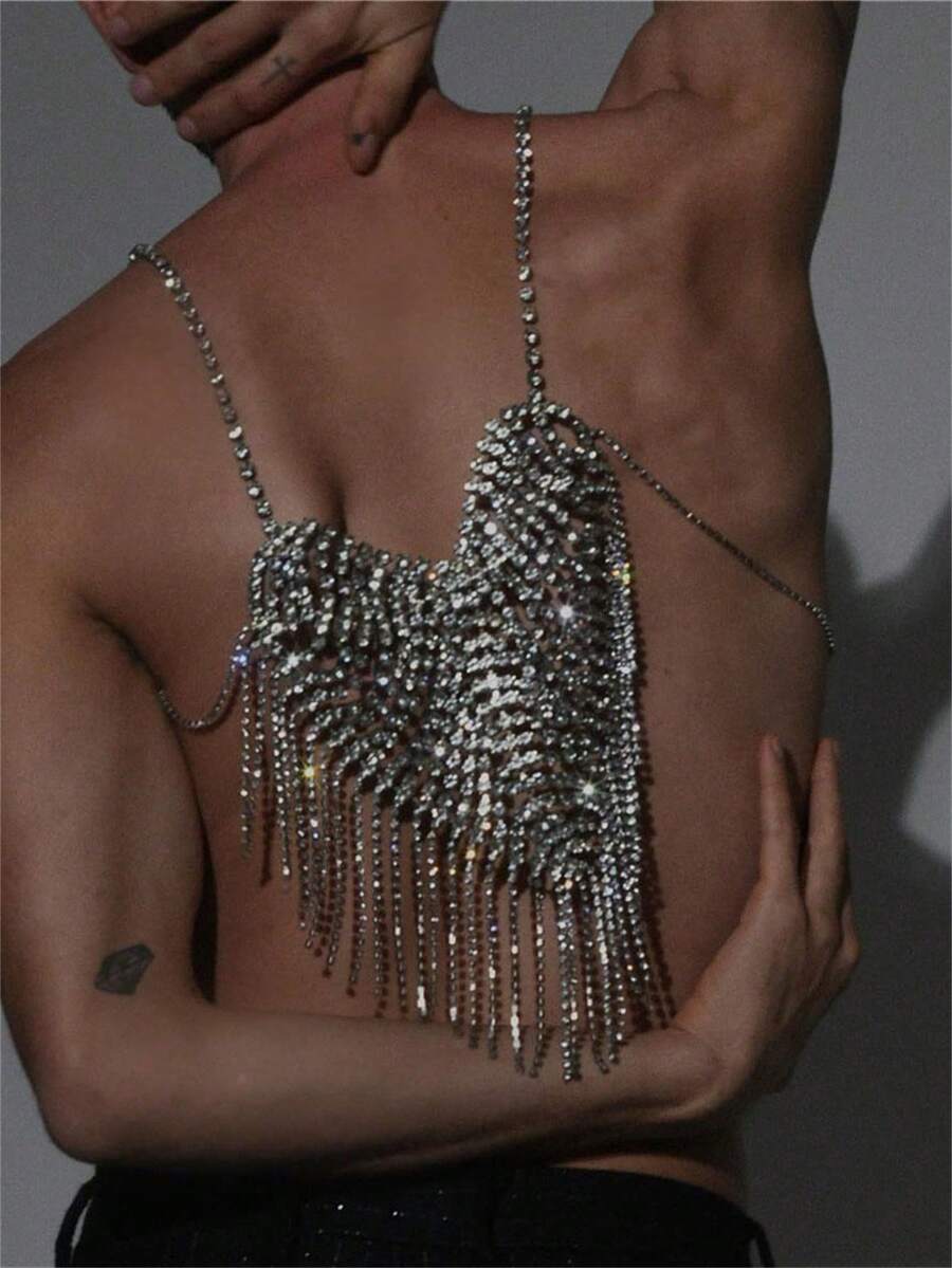 Women's Fashionable Bling Crystal Heart Necklace Chain, Sexy Shiny Crystal Tassel Body Jewelry For Nightclub - Silver - View 1