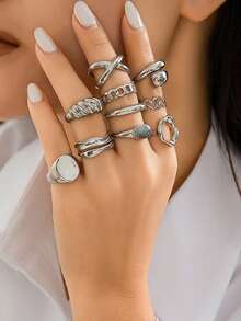 10件/套几何弧形关节戒指，夸张开口戒指套装 - 10隻戒指 - 查看 2