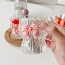 300ml Cute Bow Glass Cup Clear Striped Water Cups Bow-Knot Coffee Drinking Mug Household Fruit Tea Juice Glassware Girls Gift