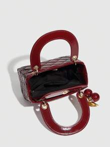1 pieza Bolso de mano de piel de PU, bolso de color rojo vino, bolso de tote acolchado de piel de patente versátil, bolso pequeño estructurado, bolso de hombro y bandolera de moda, cartera con patrón geométrico