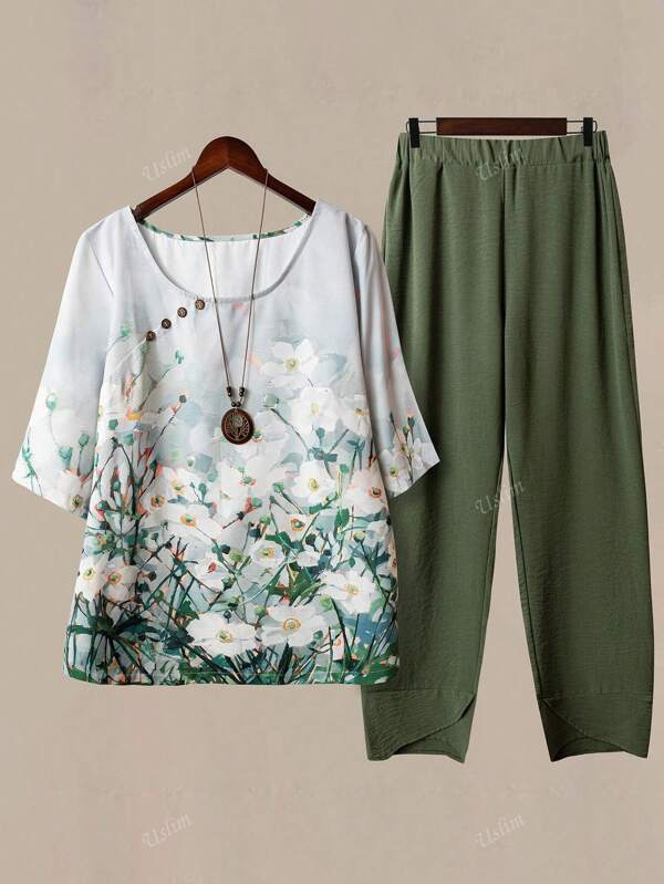 Damen Set in großen Größen mit Blumen Muster, bestehend aus Top und Hose, Lässig Urlaubsoutfit für den Alltag