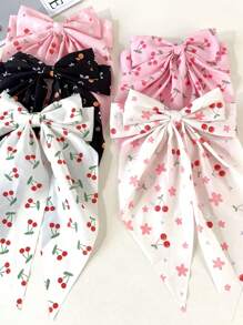 5pcs Cherry Print Bowknot Spring Clip Floral Hair Clips, Sweet Flower Headpieces For Spring/Summer Party, Fruit & Vegetable Design, Bohemian Style Synthetic Fiber ,Hair Accessory ,Travel, Claw Clips, Hair Slide, Hair Claws